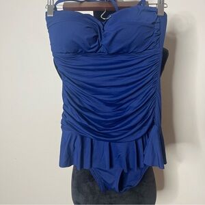 Lauren Ralph Lauren‎ Women’s Navy Twist Shirred One Piece Flounce Hem Swimsuit 8